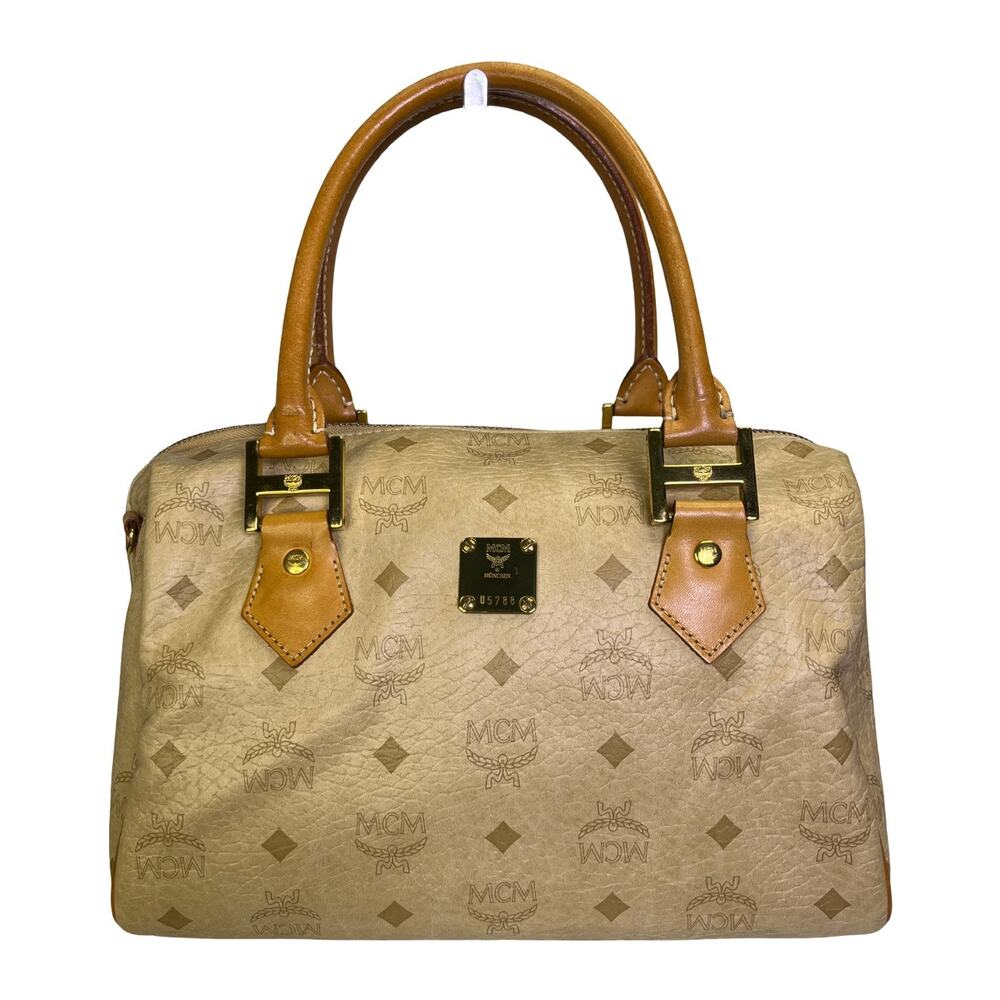 MCM Vintage Beige Visetos Monogram Coated Canvas Leather Boston Bag Satchel